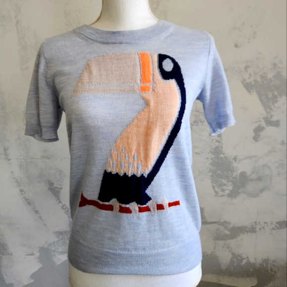 JCrew Light Blue Toucan Short Sleeve Merino Wool Sweater Size XS. - Picture 1 of 5